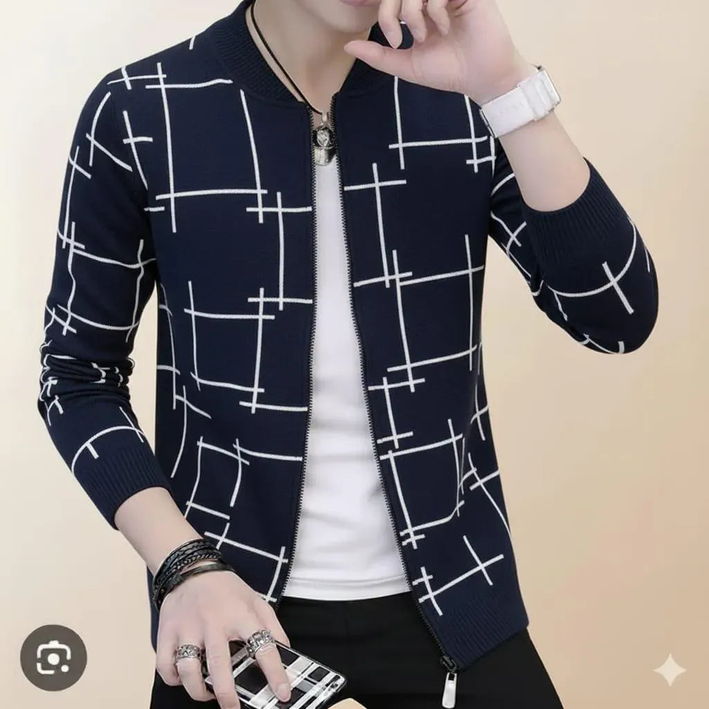 Men Blue Graphic Fleece Jacket Slim Fit Winter Wear