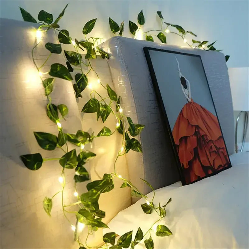 Artificial Plant Leaves Bail with 10 FT LED Fairy Lights & 7 FT Leaf Lights