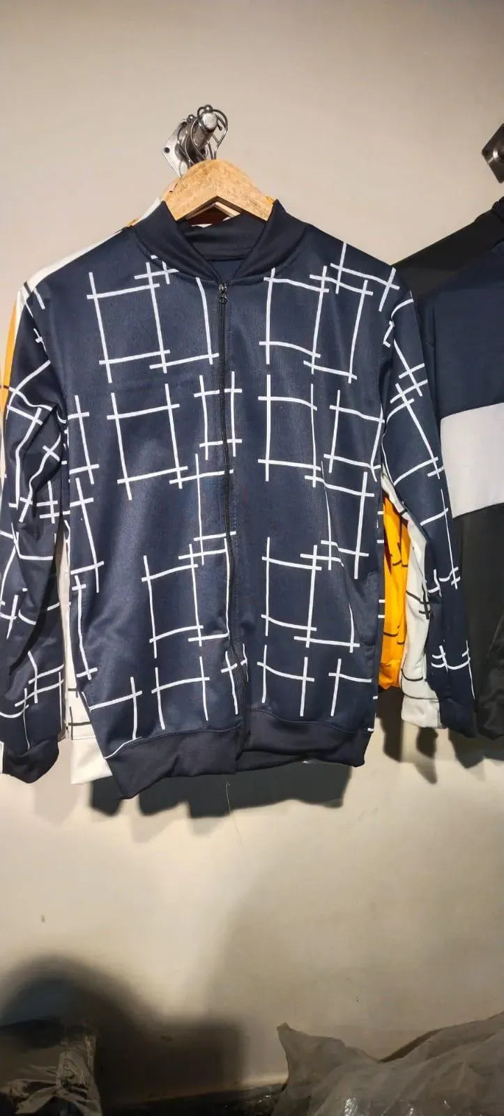 Men Blue Graphic Fleece Jacket Slim Fit Winter Wear