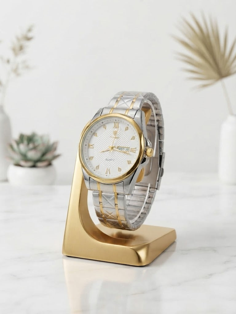 Premium Two-Tone Quartz Watch - Silver & Golden Chain